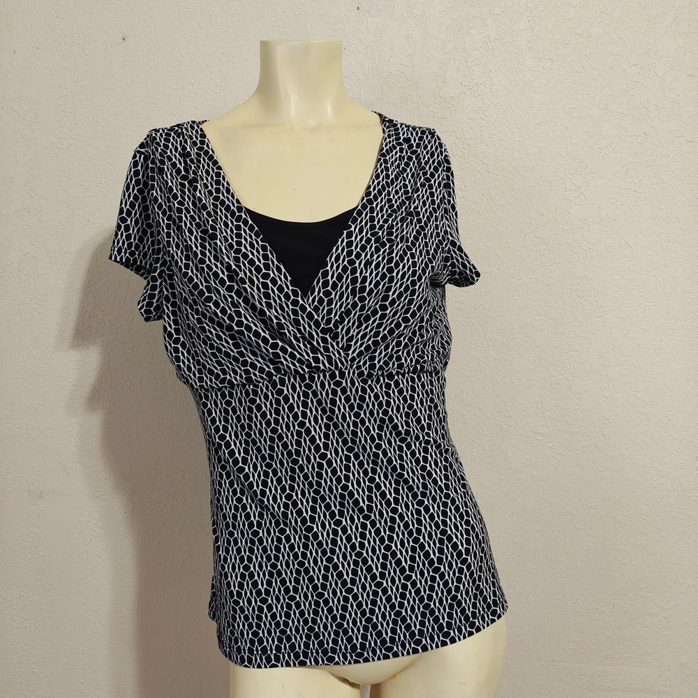 Perseption Concept Womens Black White Animal Print V-Neck Blouse M 3AT